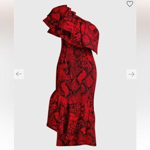 Solace London Heppy One-shoulder Ruffled Snake Print Midi Dress red black NWT 6